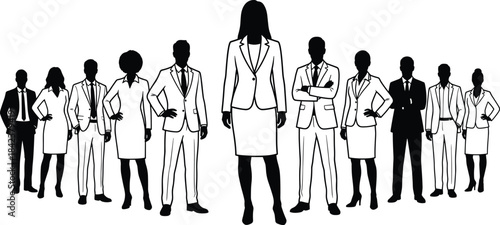 Diverse professional business team silhouettes standing confidently in formation representing leadership, teamwork, unity, empowerment, corporate culture, and modern workplace collaboration concepts.