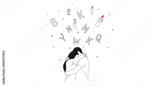 Soulful Embrace: A tender illustration depicts an intimate moment, where two figures embrace, their silhouettes set against a backdrop of floating letters and delicate hearts.