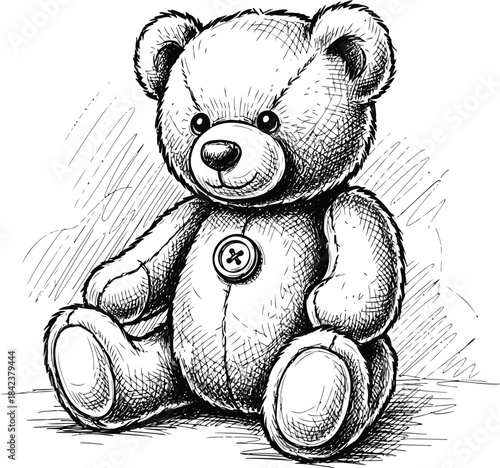 Cute teddy bear sitting alone in black and white sketch