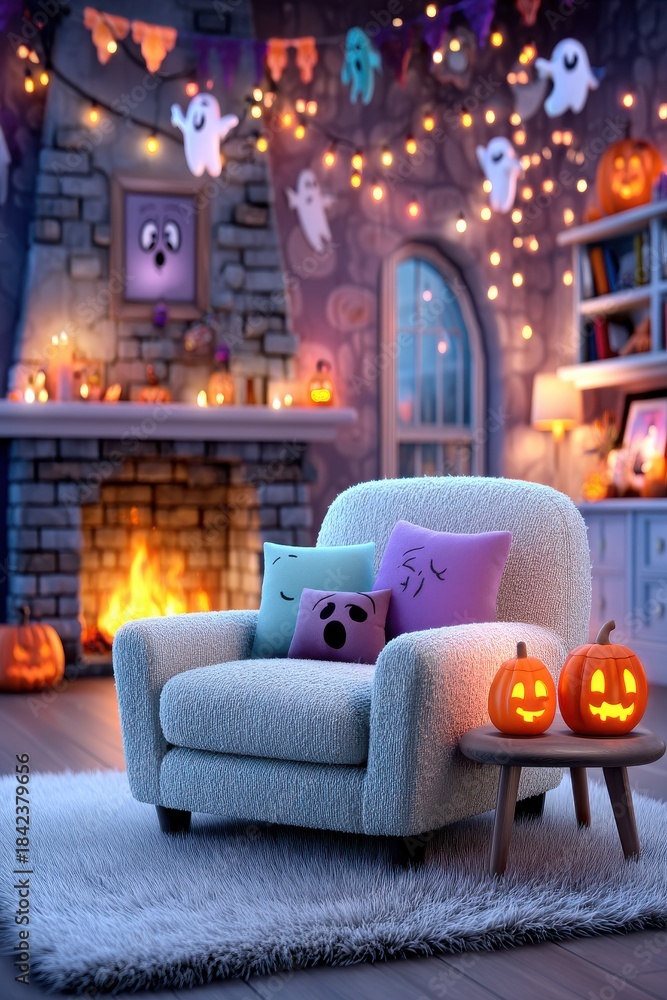 Fototapeta premium Cozy Halloween living room scene with pumpkins, ghosts, and warm glow under fairy lights