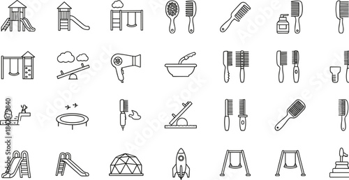 Playground and haircare icon set featuring slides, swings, seesaws, brushes and salon tools for planners, education materials, crafting and digital projects