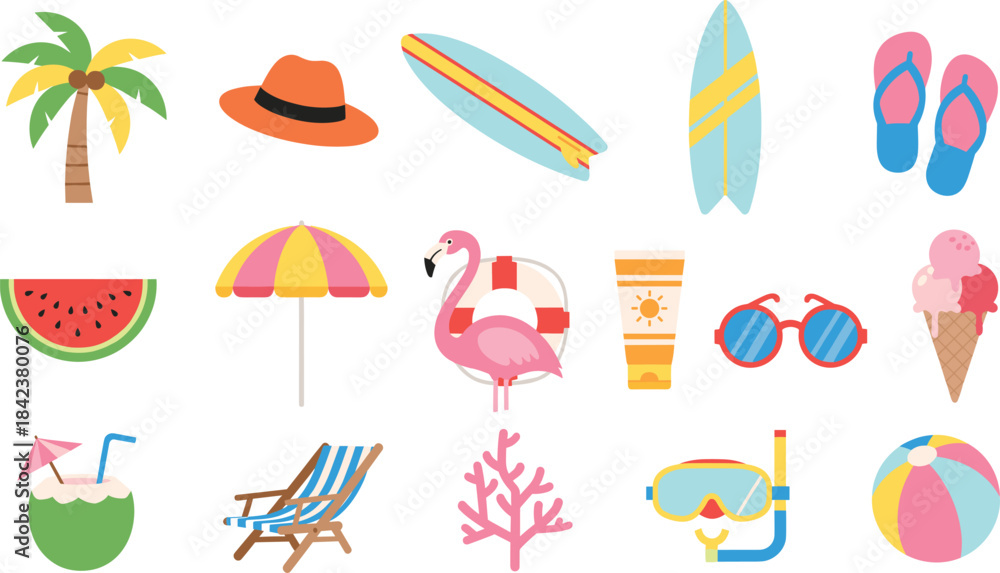 Fototapeta premium Summer beach clipart bundle with tropical elements, surfboards, flamingo float, umbrellas, drinks, and accessories for crafts, invitations, stickers, and sublimation