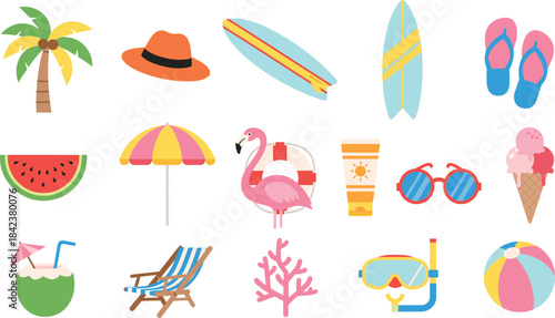 Summer beach clipart bundle with tropical elements, surfboards, flamingo float, umbrellas, drinks, and accessories for crafts, invitations, stickers, and sublimation