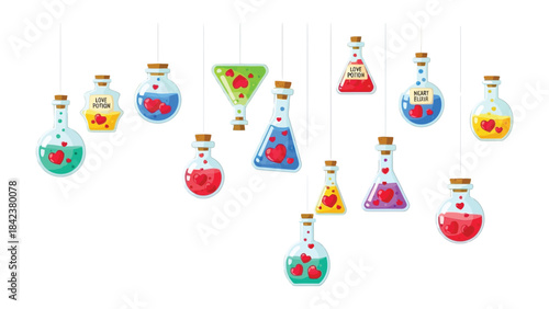 Potion of love concept: An artistic array of hanging glass bottles, each filled with vibrant liquids and floating hearts, capturing the essence of affection and enchantment.