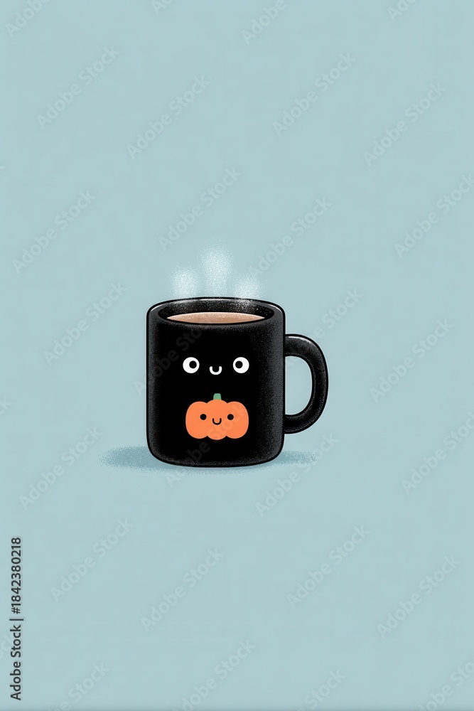 Obraz premium Cute black mug with pumpkin face and steam, cozy autumn beverage illustration