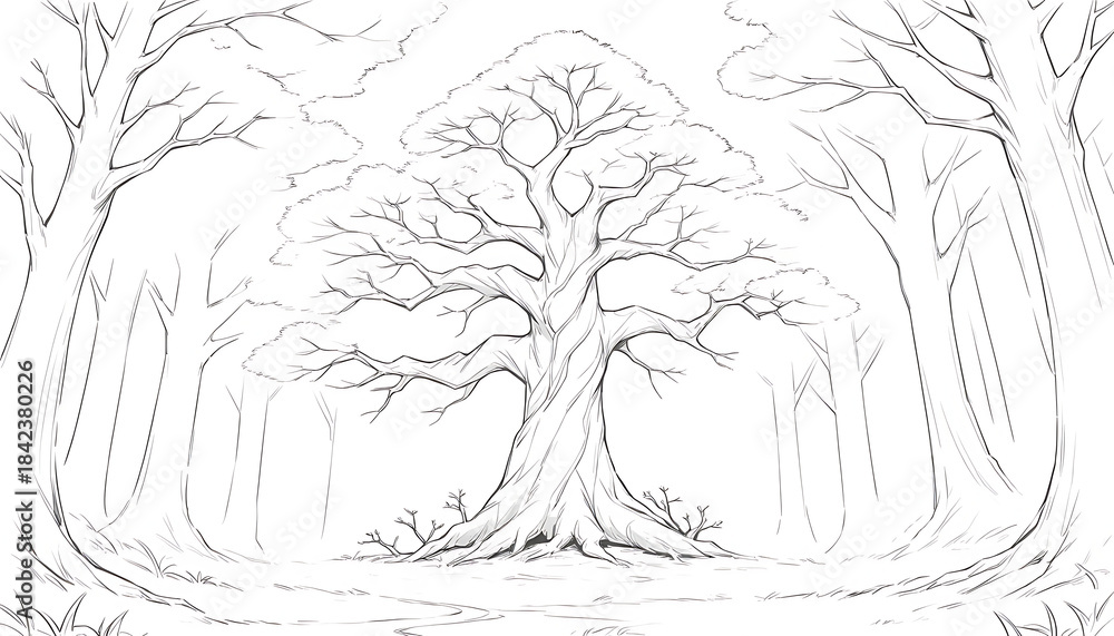 Fototapeta premium Large tree in forest with bare branches and trunk grass