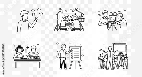 Illustrative scenes of filmmaking communication and presentation processes