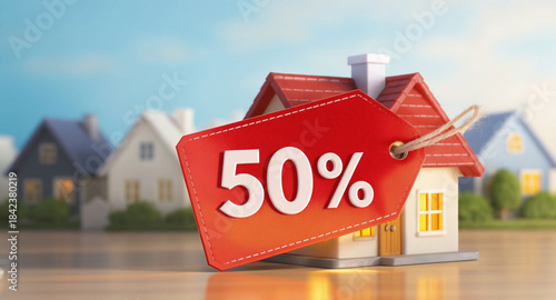Red roof house with 50 percent discount tag showing real estate offer and property promotion concept