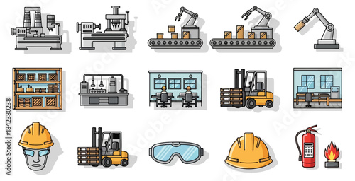 Industrial production and manufacturing icons set
