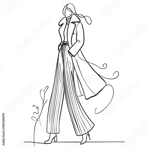line sketch fashion girl in very long wide pants clothes shoes and leather winter sheepskin black coat