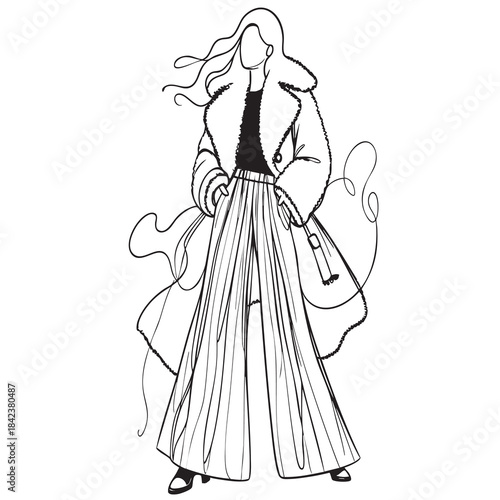 line sketch fashion girl in very long wide pants clothes shoes and leather winter sheepskin black coat
