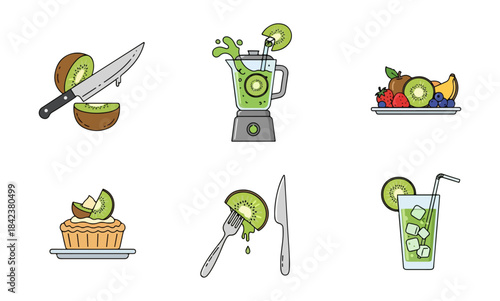 Kiwi fruit culinary illustrations sliced blended served