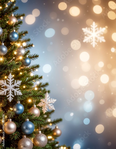Festive Christmas: A beautifully adorned Christmas tree, sparkling with ornaments and lights, against a backdrop of twinkling bokeh, evokes feelings of warmth, joy.