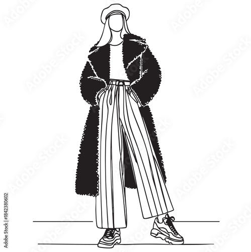 line sketch fashion girl in very long wide pants clothes shoes and winter sheepskin black coat