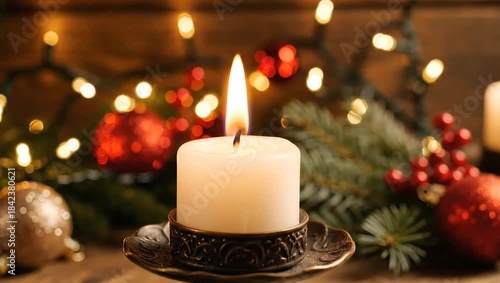 Christmas candle and decorations. The candle is being lit, spreading a nice and genuine holiday spirit. Nice christmas ornaments and cozy atmosphere. A perfect christmas feeling