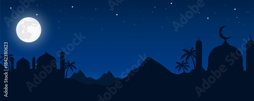 Greeting cards banner Ramadan and Eid background with copy space,Eid Al-Fitr Mubarak, Ramadan Kareem slamic Style night Background with green,blue,purple,yellow color Arabic 3d Ornaments, 