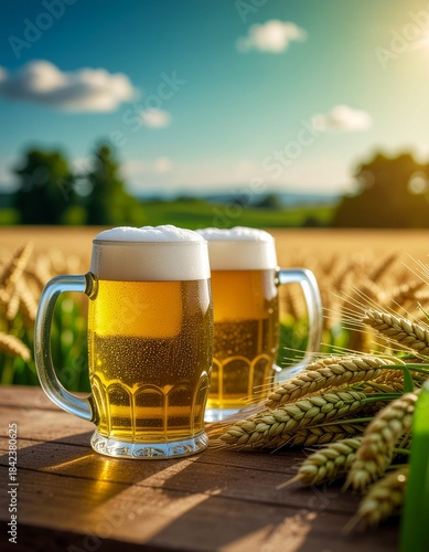 Golden Brews Amidst Barley Fields: Two frosty mugs of golden beer glisten in the sunlight, nestled among a vibrant field of golden barley, symbolizing the essence of a warm and sunny day