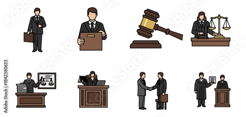 Legal profession and courtroom elements illustration