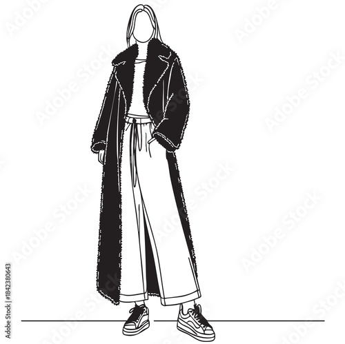 line sketch fashion girl in very long wide pants clothes shoes and winter sheepskin black coat