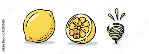 Lemon illustration whole half and juice spiral isolated