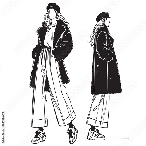 line sketch fashion girl in very long wide pants clothes shoes and winter sheepskin black coat