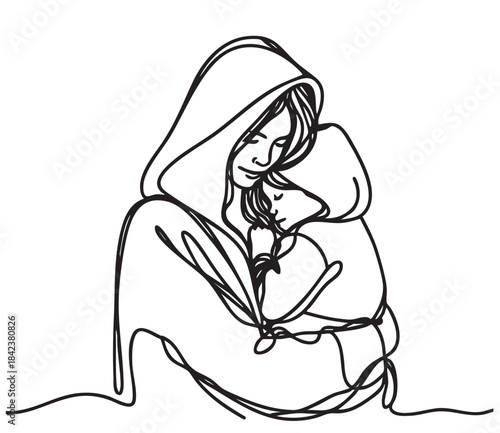 line sketch mother and child hugs behind in black hoodie