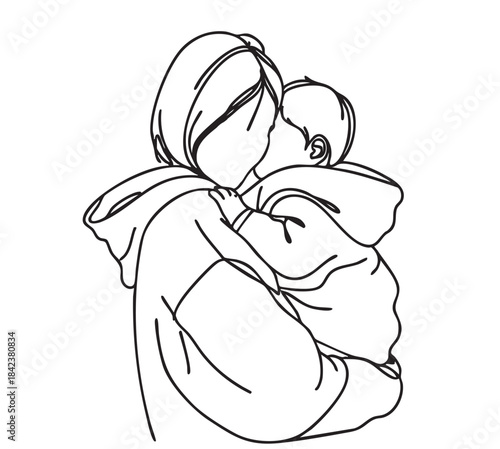 line sketch mother and child hugs behind in black hoodie
