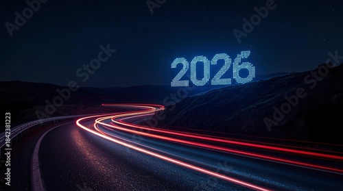 A dynamic night landscape features a winding highway with vibrant long exposure light trails, illustrating rapid movement and futuristic progression. Streaks of crimson and electric blue light from un