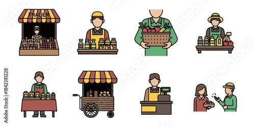 Market stalls and vendors selling products vector illustration