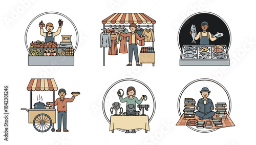 Market stalls displaying goods in circular frames vector illustration