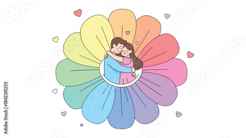 Embracing Romance: A tender embrace of a couple, nestled within the petals of a blooming flower, representing the warmth and tenderness of their love. 