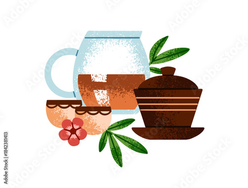Gaiwan, cups and glass jug of hibiscus tea. Teapot for preparing hot herbal drinks. Infuser and mugs of beverage with flowers. Pot and teacups. Flat isolated vector illustration on white background