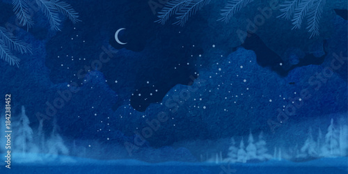 Abstract winter season watercolor banner with doodle elements. Snowy winter landscape. Watercolor drawing of a winter night with a distant forest, moon and mountains