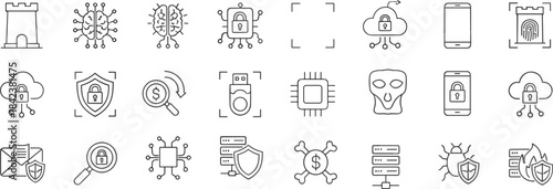 Ultimate Cyber Security and Data Protection Line Icon Set: Network, Privacy, Defense, AI, Hacking, and Technology Vector Symbols Collection.