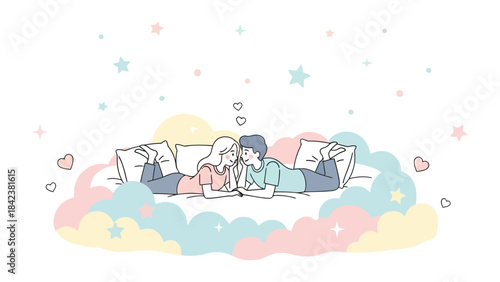 Romantic Dreamscape: A tender moment of love, two figures lie entwined, amidst a pastel dreamscape of clouds, stars, and hearts, whispering secrets of endearment.