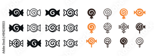 Stylized black and orange candy and lollipop icon set