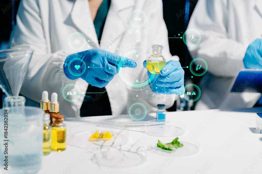 Fototapeta premium Medical laboratory research with scientist and doctor working on experiments, healthcare innovation, biotechnology, diagnostics and modern medical science