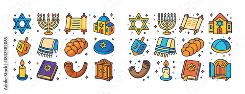 Colorful jewish symbols collection including star of david, meno