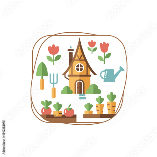 Cartoon Garden Scene with House, Flowers, Vegetables, and Gardening Tools.