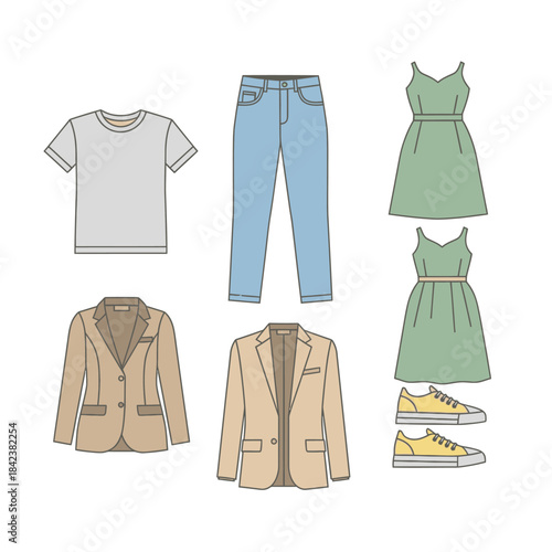 Clothing Collection - T-Shirt, Jeans, Dresses, Blazers, and Sneakers.