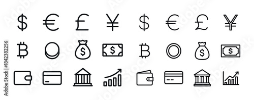 Currency icons: dollar, euro, pound, yen, bitcoin, finance symbo