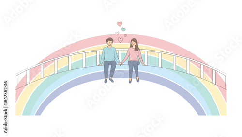 Rainbow Bridge of Love: A couple sits hand-in-hand atop a whimsical rainbow bridge, hearts floating above them, symbolizing a journey of love and connection. 