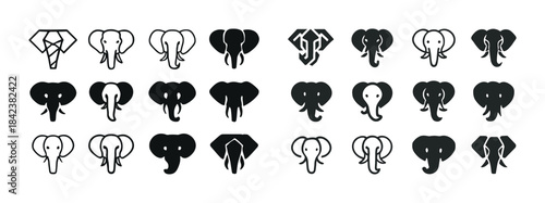 Minimalist elephant icon set featuring various artistic styles