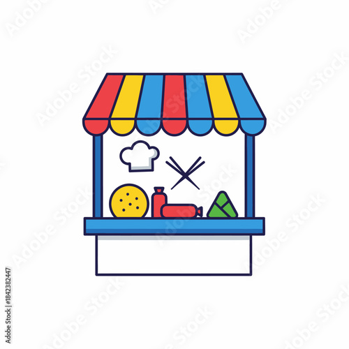 Colorful Food Stall Illustration with Chef Hat and Various Food Items.