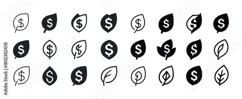 Diverse leaf icons with dollar symbols in various styles