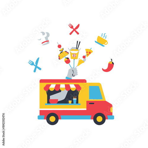 Colorful Food Truck with Culinary Icons, a Vibrant Mobile Kitchen.