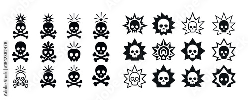 Set of cartoon skull symbols with crossbones and unique expressi