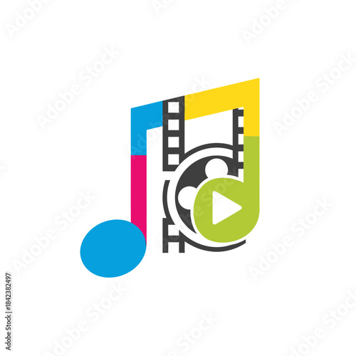 Colorful Music and Film Logo Design with Play Button and Reel.