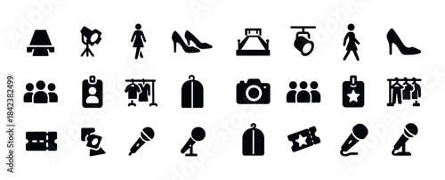 Black icon set featuring fashion, camera, and microphone element