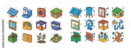 Eco-friendly icons: solar panels, green roofs, compost, rainwate